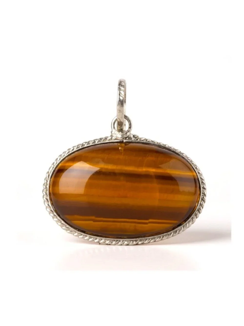 Large Tiger’s Eye Pendant East West Cabochon Vintage Silver Artisan